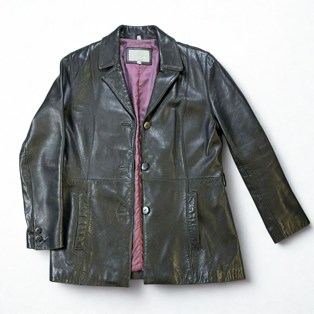 Juliet Michelle Leather Jacket Womens Large Black Y2K Vintage Button Front Coat